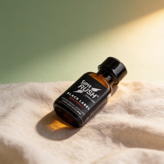 poppers Super rush black label 24 ml — photo éditoriale sur lin drapé
