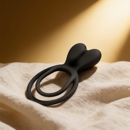 Anneau double cockring noir — posé sur du lin drapé, lumière chaude éditoriale
