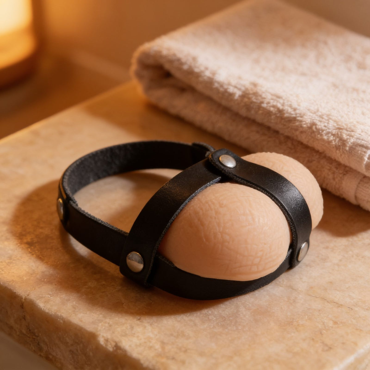 ANNEAU DE PÉNIS ET TESTICULES RÉGLABLE EN CUIR — mise en situation