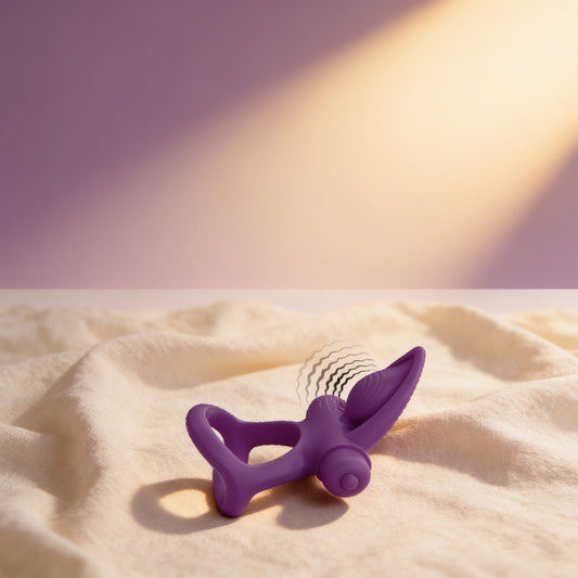 Anneau vibrant 10 vibrations silicone violet — posé sur du lin drapé, lumière chaude