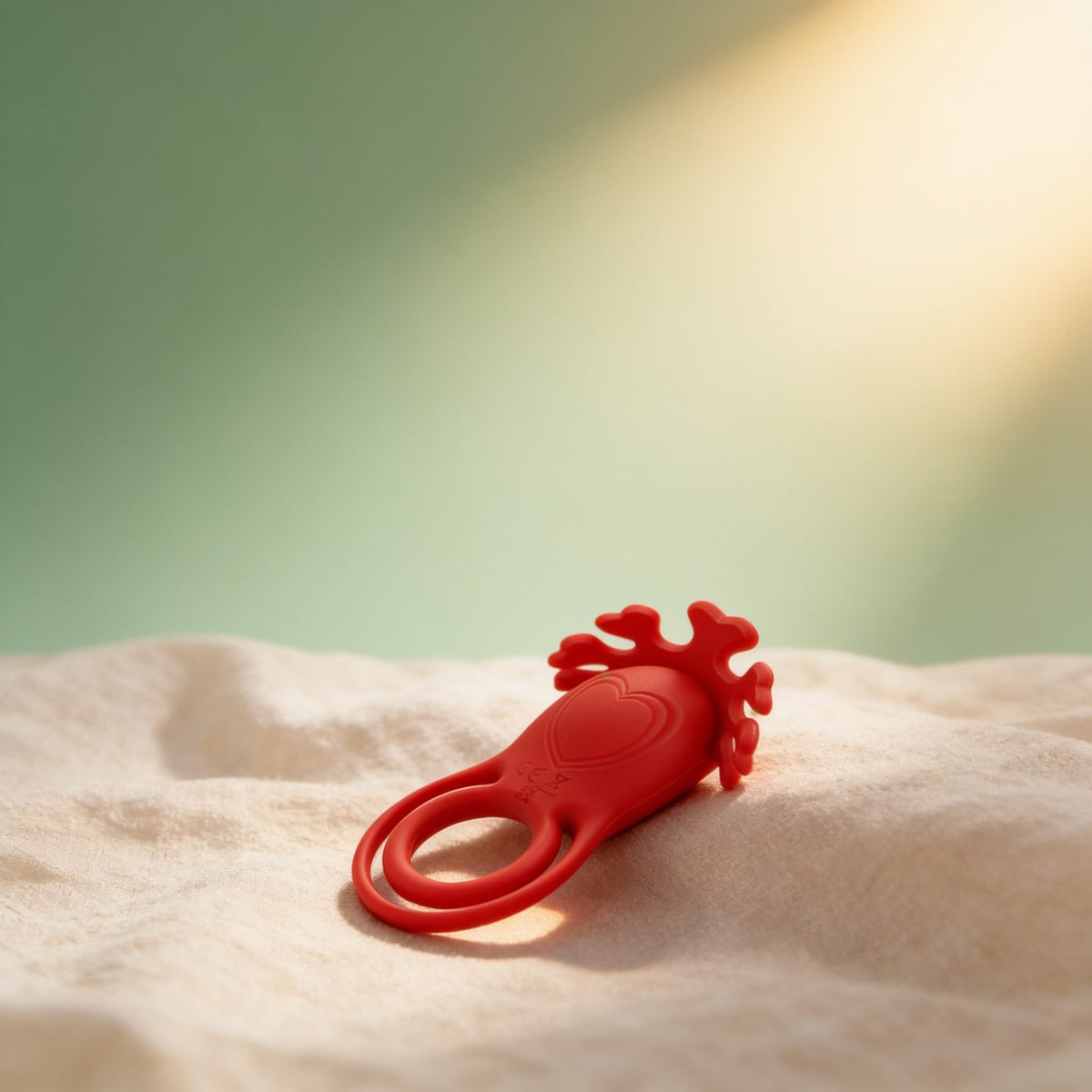 ANNEAU VIBRATEUR RUBEN 7 VIBRATIONS SILICONE ROUGE ou noir — photo éditoriale sur lin drapé