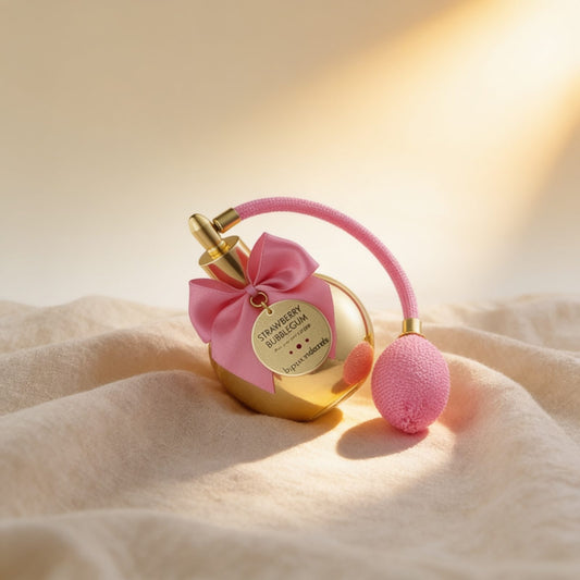 BRUME CORPORELLE FRAISE BUBBLE GUM 100 ML — photo éditoriale sur lin drapé
