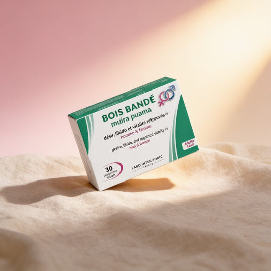 Bois bandé 30 comprimés Labo Intex-Tonic — photo éditoriale sur lin drapé