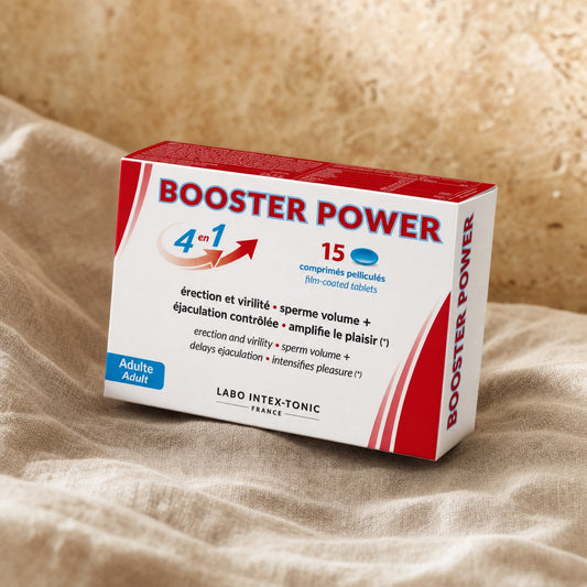 Boîte Booster Power sur du lin, fond sable travertin