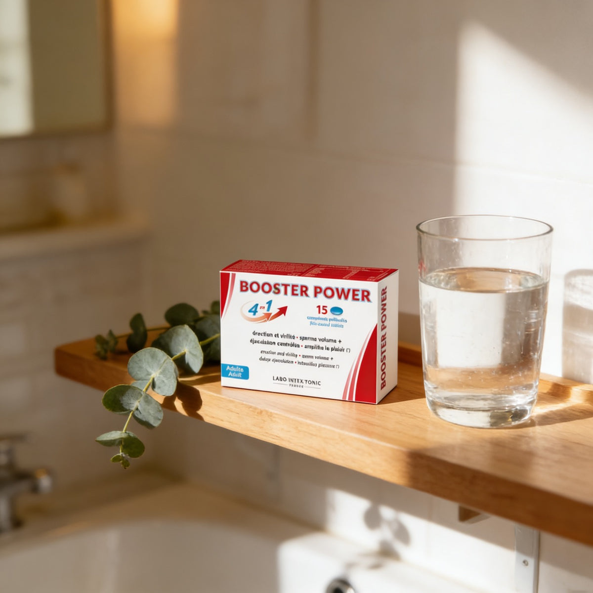 Booster Power sur une étagère de salle de bain, verre d'eau