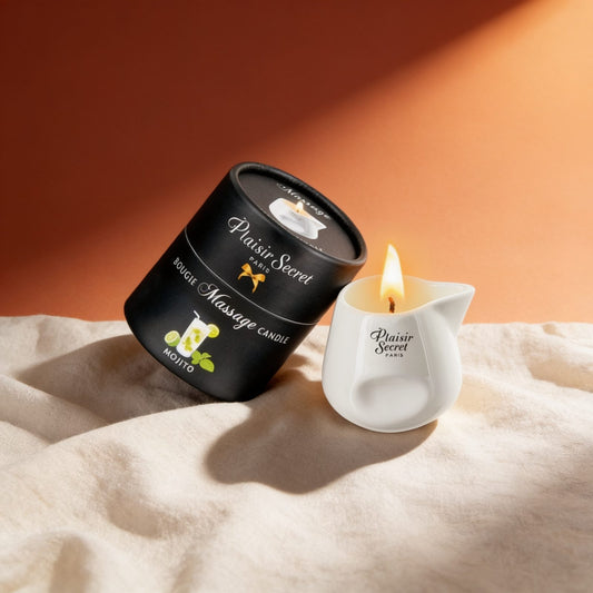BOUGIE DE MASSAGE MOJITO 80ML — photo éditoriale sur lin drapé