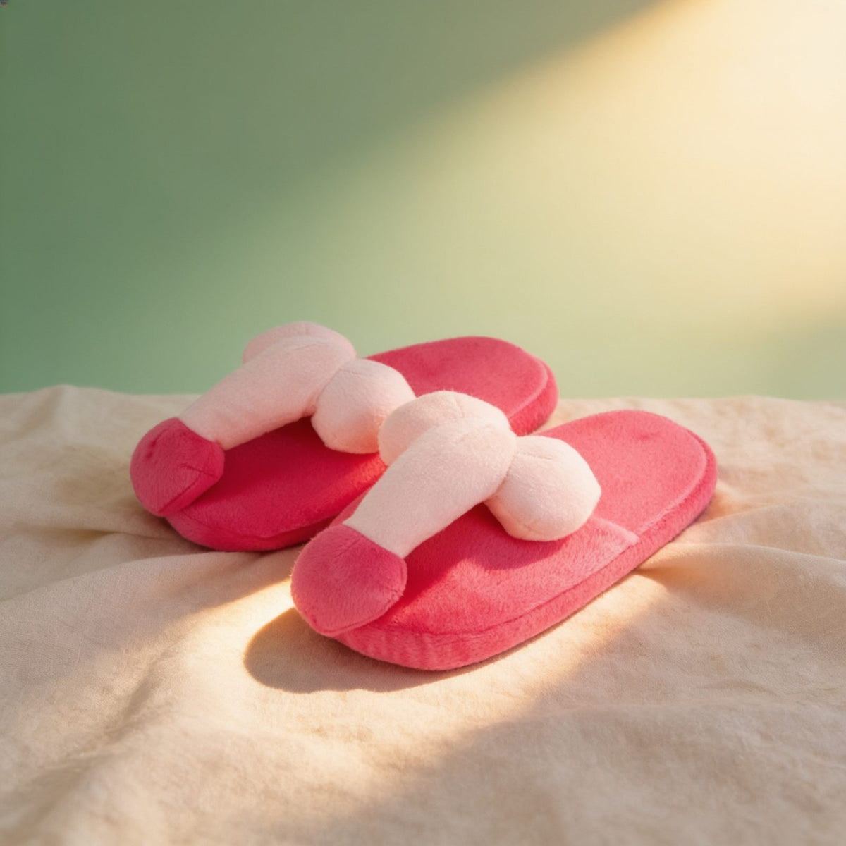 Chaussons en peluche Pénis — photo éditoriale sur lin drapé