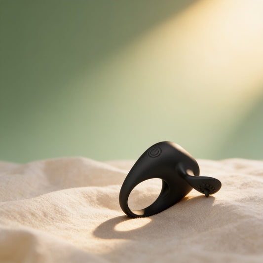 Cockring vibrant stimulateur Pretty Love Tonguo — photo éditoriale sur lin drapé