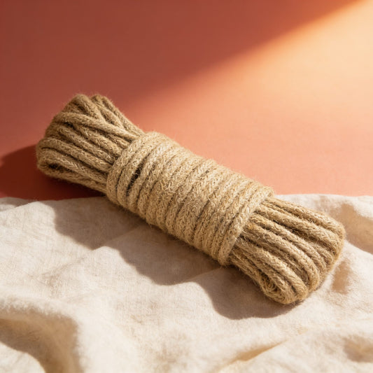 CORDE SM BONDAGE CHANVRE 10M — photo éditoriale sur lin drapé