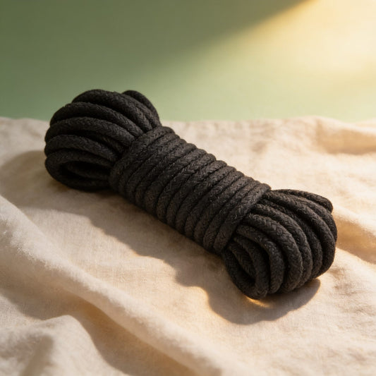CORDE SM BONDAGE NOIR 10M — photo éditoriale sur lin drapé