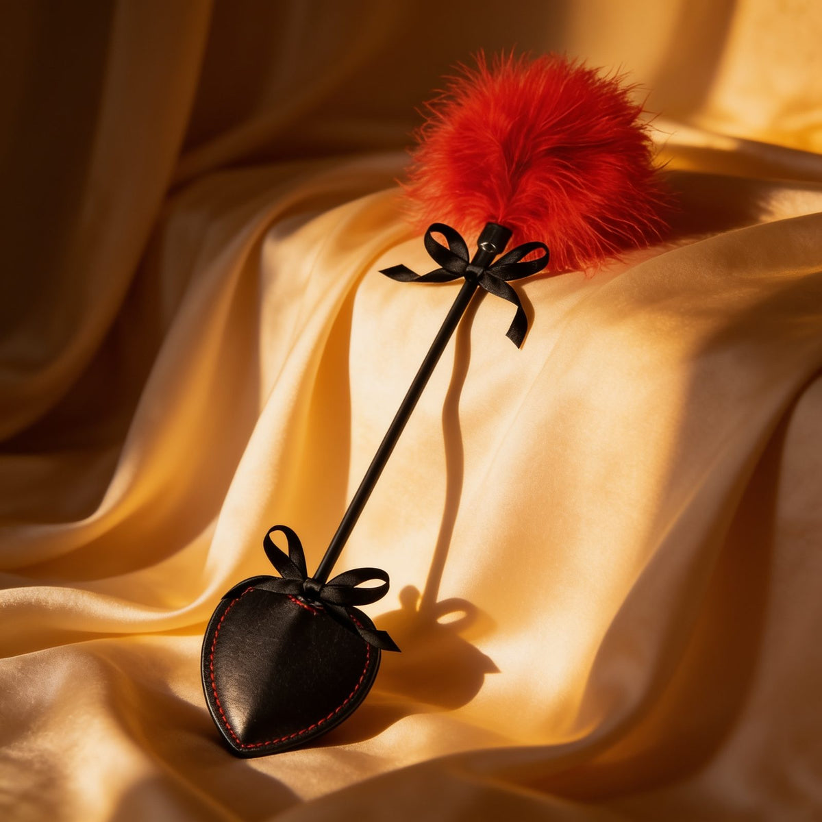 Cravache BDSM avec tapette cœur noir et plumeau rouge — mise en situation