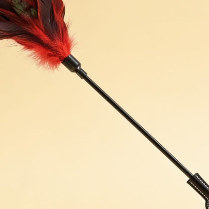 Cravache BDSM avec tapette main et plumes noir et rouge — gros plan