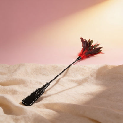 Cravache BDSM avec tapette main et plumes noir et rouge — photo éditoriale sur lin drapé