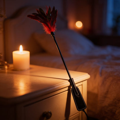 Cravache BDSM avec tapette main et plumes noir et rouge — mise en situation