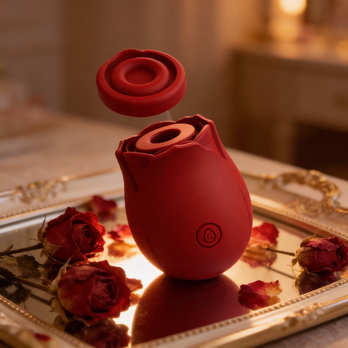 Stimulateur rose sur une coiffeuse, roses séchées