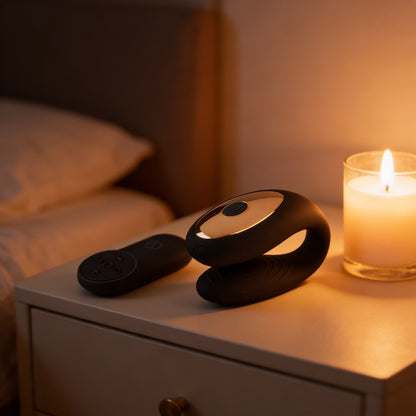 Vibromasseur couple sur une table de chevet, bougie