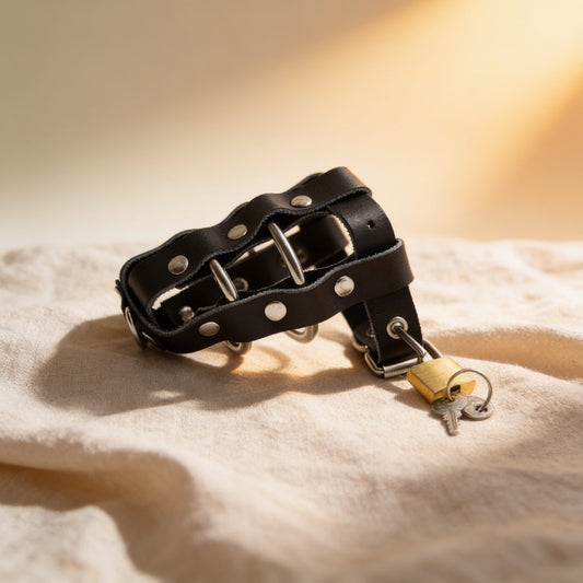 ETUI EN CUIR AVEC ANNEAUX MÉTALLIQUES ET CADENAS — photo éditoriale sur lin drapé