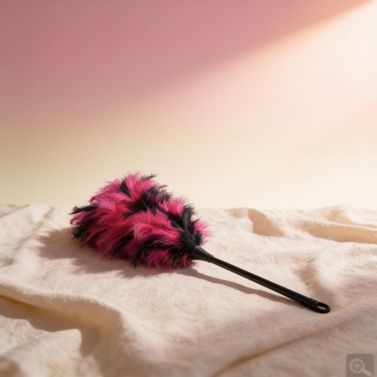 FEATHER DUSTER BLACK AND PINK — photo éditoriale sur lin drapé