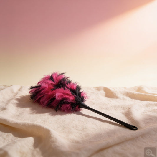 FEATHER DUSTER BLACK AND PINK — photo éditoriale sur lin drapé