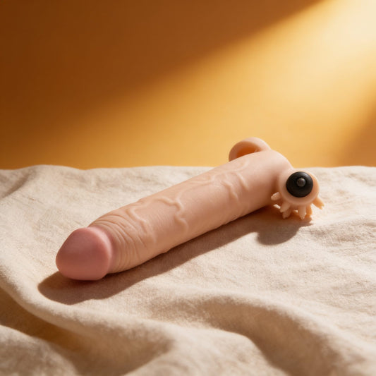 Gaine de pénis vibrante Virgite S5 — posée sur du lin drapé, lumière chaude