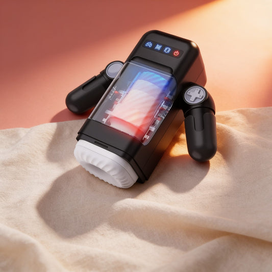 GAME CUP - MASTURBATEUR À VIBRATION DE POUSSÉE AVEC FONCTION CHAUFFANTE ET SUPPORT MOBILE - NOIR — photo éditoriale sur lin drapé