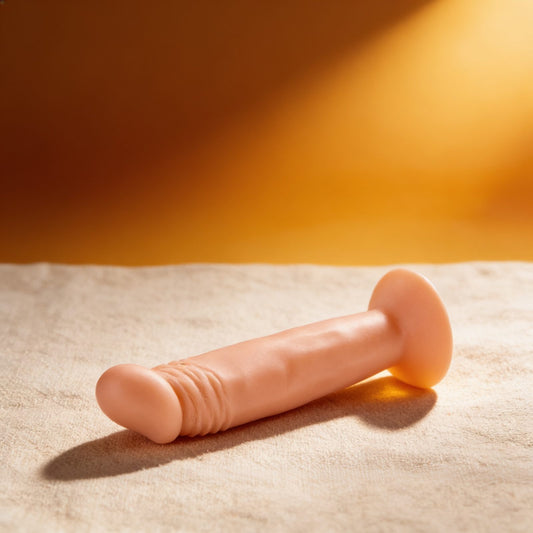 Gode ventouse réaliste 16 cm — posé sur du lin drapé, lumière chaude