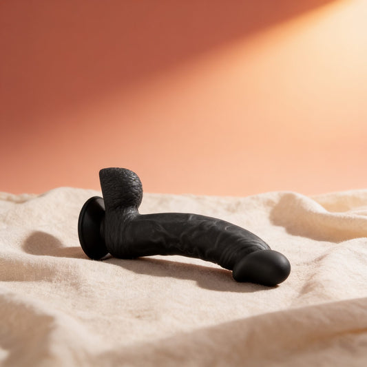 gode ventouse réaliste noir 18cm — photo éditoriale sur lin drapé