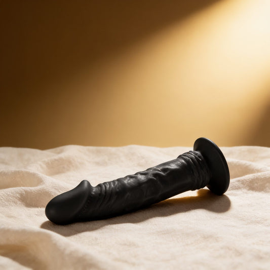 Gode ventouse réaliste noir 21 cm — posé sur du lin drapé, lumière chaude éditoriale