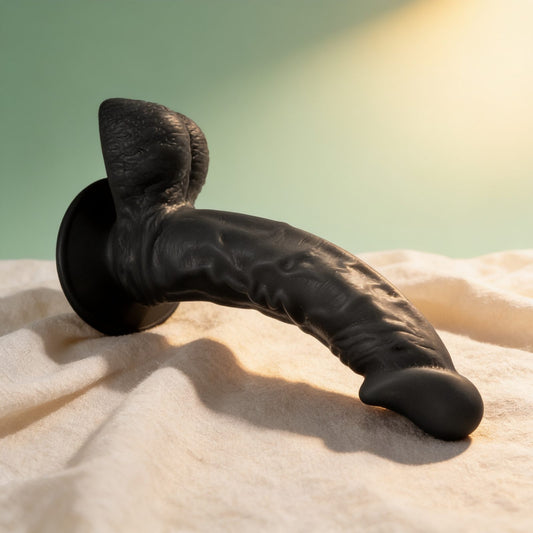 gode ventouse réaliste noir 23cm — photo éditoriale sur lin drapé