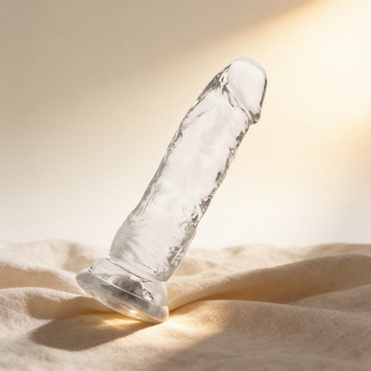 Gode X-Ray transparent 15,5 cm avec boules — posé sur du lin drapé, lumière chaude éditoriale