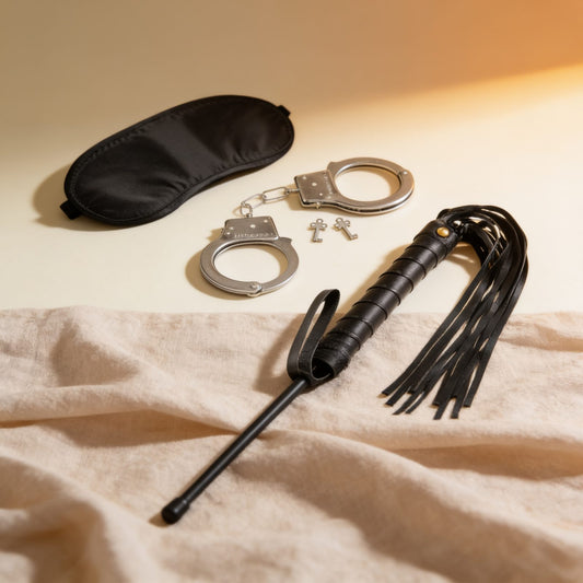 Kit 3 pièces soumission Fetish Tentation — photo éditoriale sur lin drapé