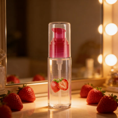 Flacon Yoba sur une vanité, fraises fraîches