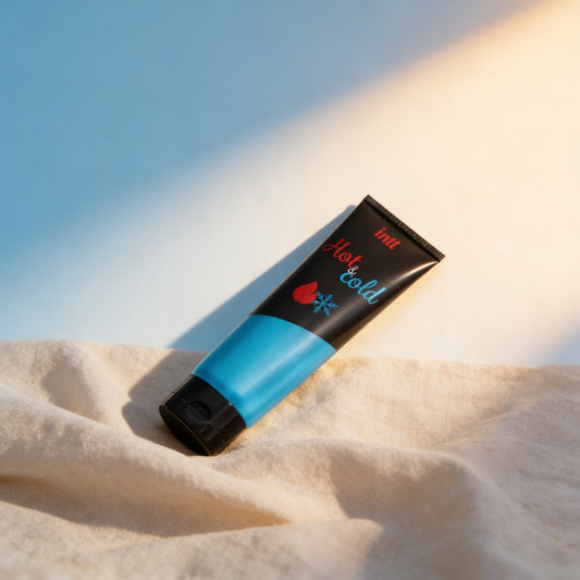Tube gel froid et chaud sur du lin, fond crème frais