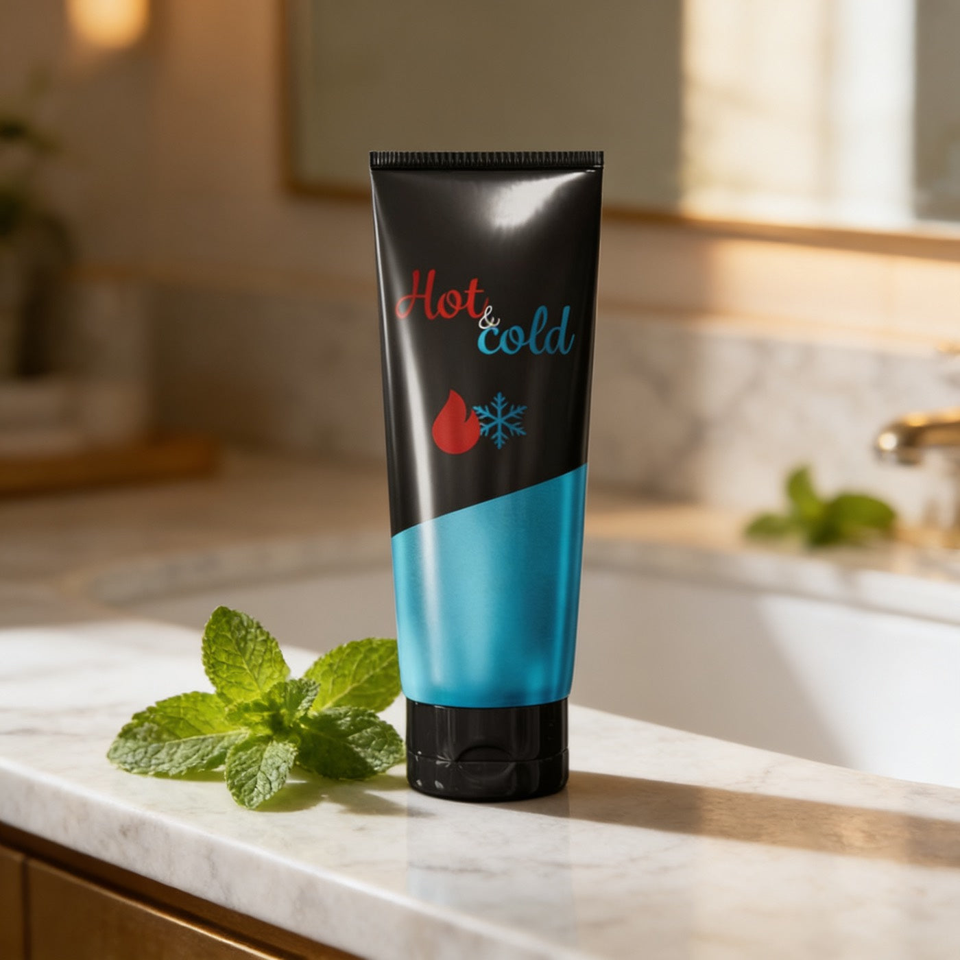 Gel sur une vanité marbre, feuilles de menthe