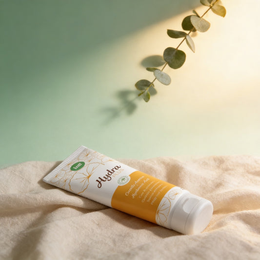 Tube lubrifiant Hydra Plus sur du lin, fond sauge