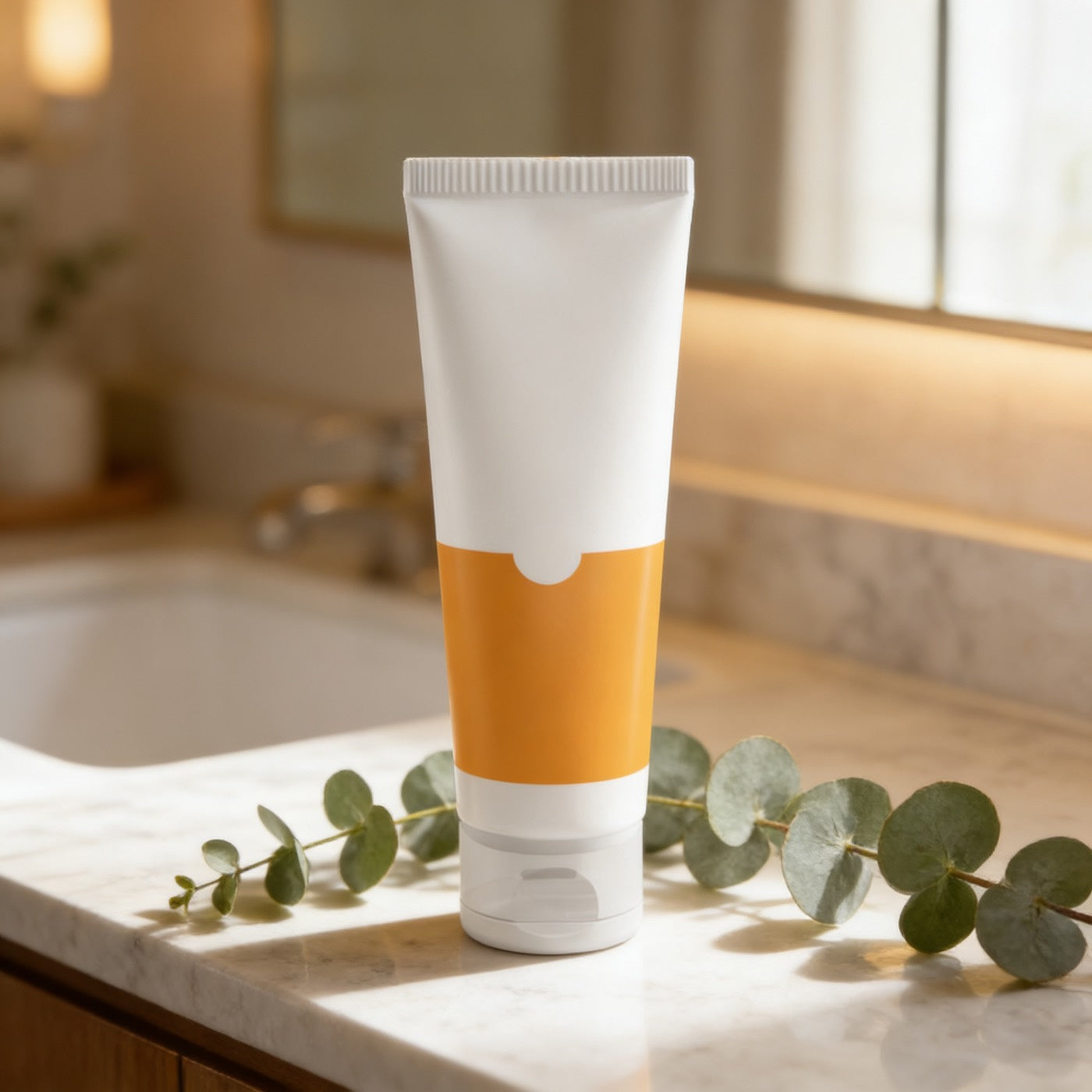 Lubrifiant sur une vanité marbre, eucalyptus