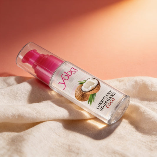 lubrifiant gourmand coco 50 ml — photo éditoriale sur lin drapé