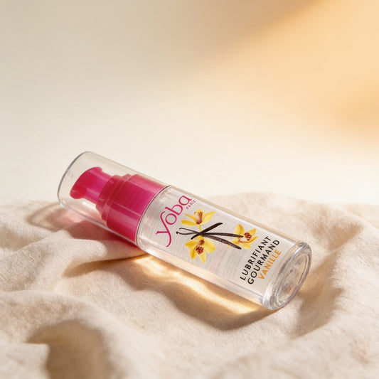 lubrifiant gourmand vanille 50 ml — photo éditoriale sur lin drapé