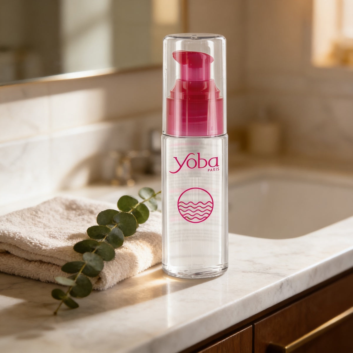 Lubrifiant base eau sur une vanité de salle de bain, eucalyptus