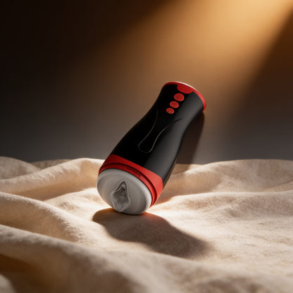 MASTURBATEUR COMPRESSION ET VIBRATION JANGO — posé sur du lin drapé, lumière chaude éditoriale