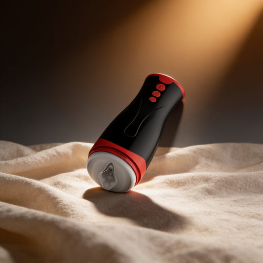 MASTURBATEUR COMPRESSION ET VIBRATION JANGO — posé sur du lin drapé, lumière chaude éditoriale