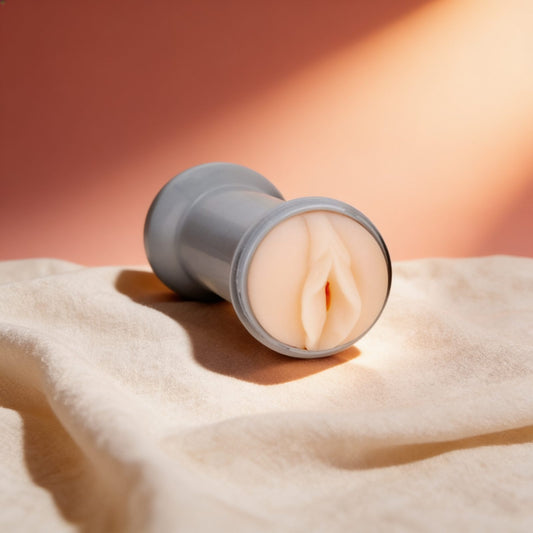 Masturbateur double Pumped vaginal et oral — posé sur du lin drapé, lumière chaude