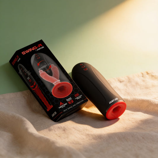 MASTURBATEUR EFFET CHAUFFANT SWING-R, SWING TECH ET VIBRATION — photo éditoriale sur lin drapé
