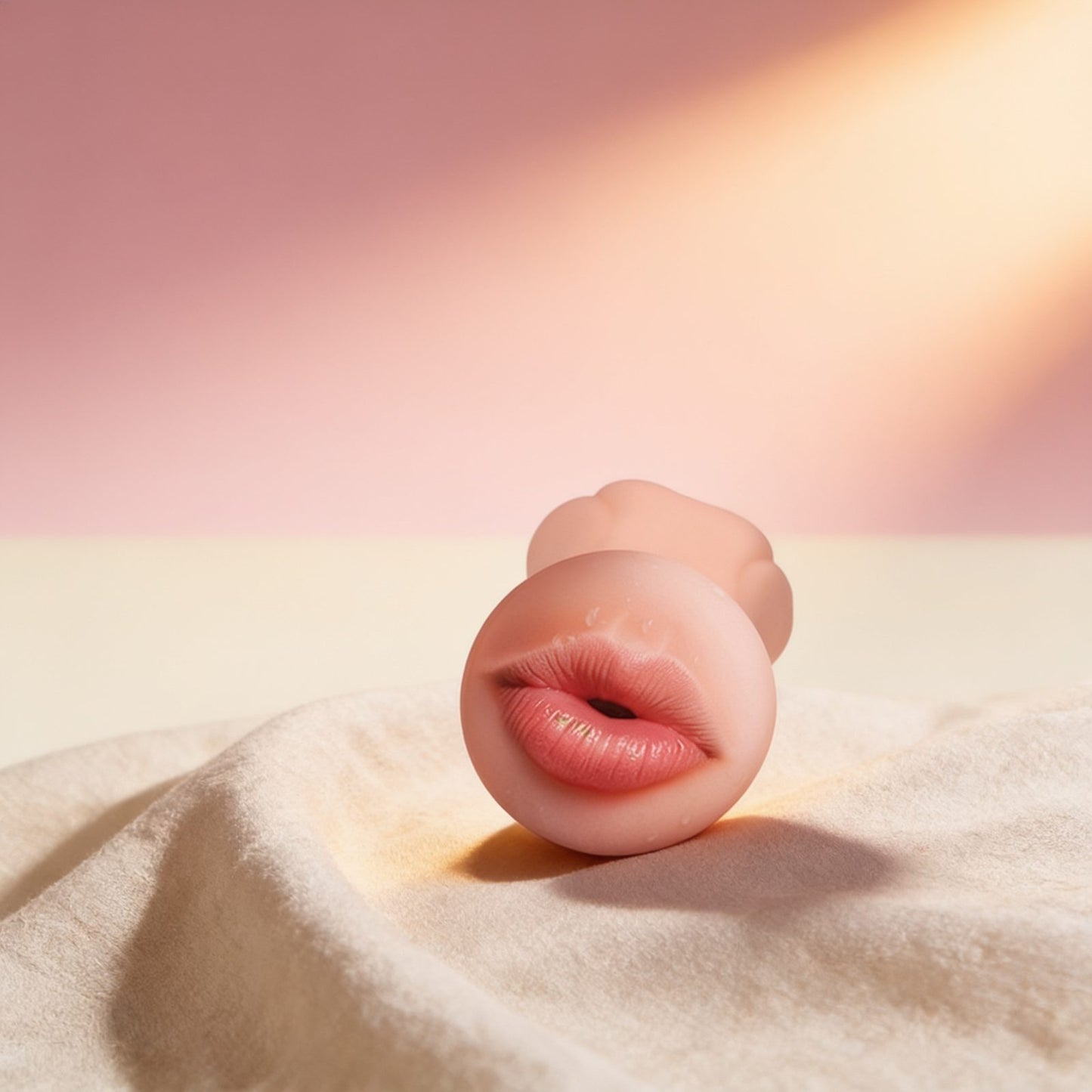 Masturbator Bouche — posé sur du lin drapé, lumière chaude éditoriale