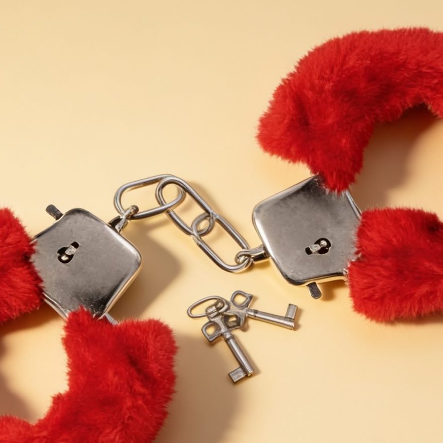 Menottes en fourrures rouge — gros plan