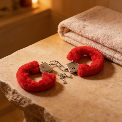 Menottes en fourrures rouge — mise en situation