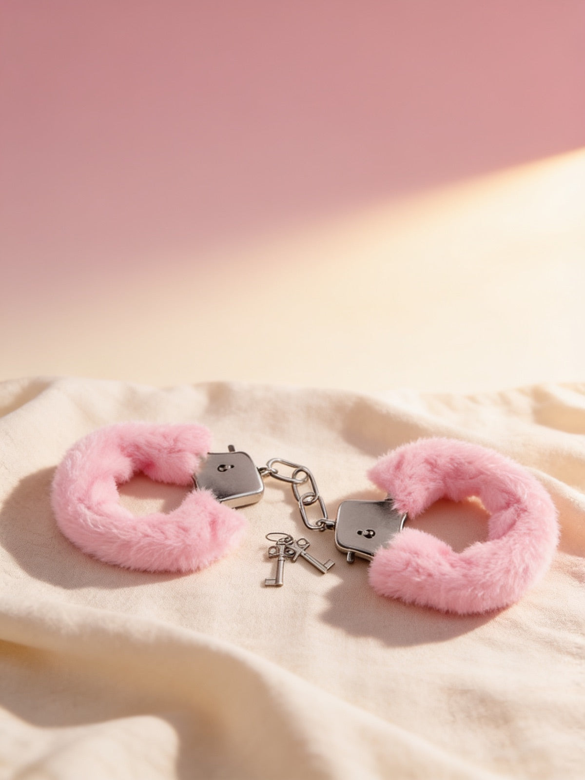 Menottes fourrure rose sur satin drapé, fond blush