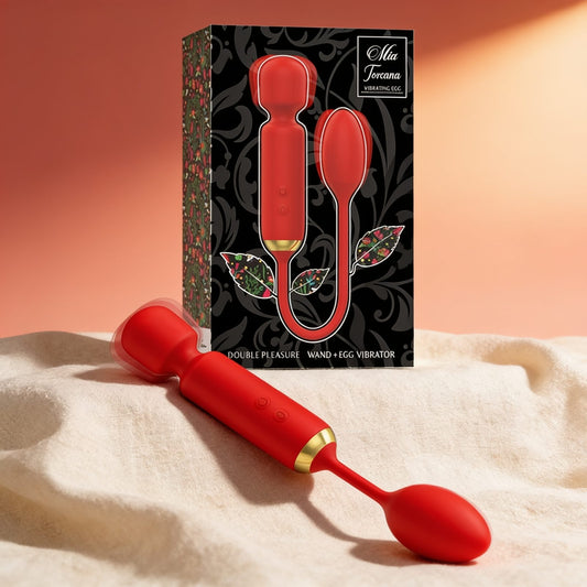 vibromasseur DOUBLE PLAISIR TOSCANA + œuf VIBRANT — photo éditoriale sur lin drapé