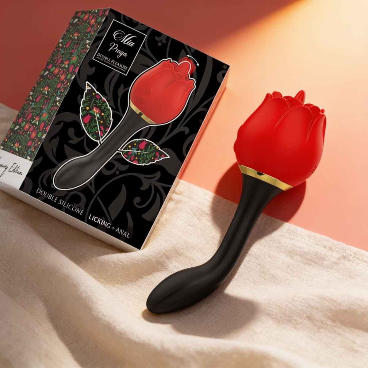 vibromasseur DOUBLE PLAISIR LÉCHANT + ANAL — photo éditoriale sur lin drapé