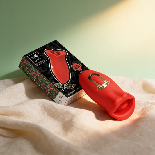 vibromasseur DOUBLE PLAISIR VIBRANT + MORDANT — photo éditoriale sur lin drapé